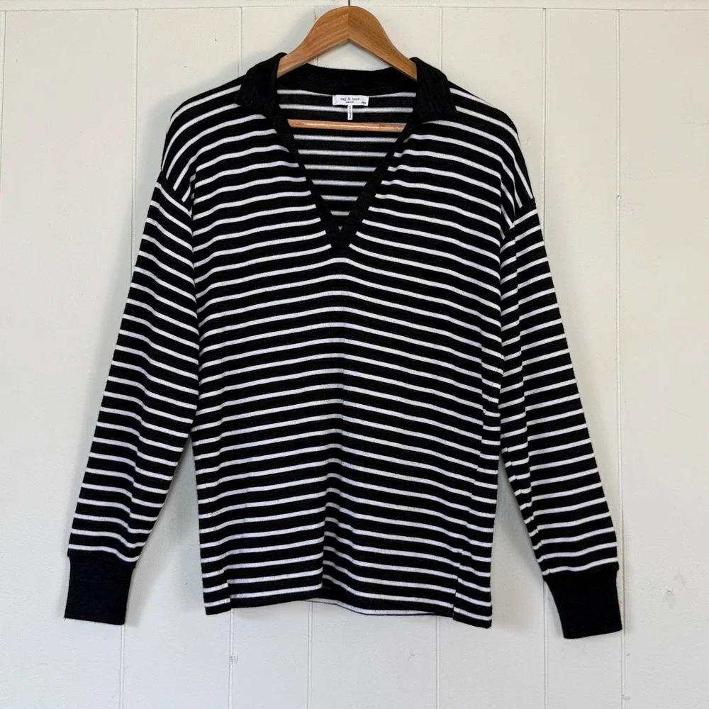 Rag & Bone Black Striped Knit V-Neck Polo Sweater Size XS Nautical Preppy French